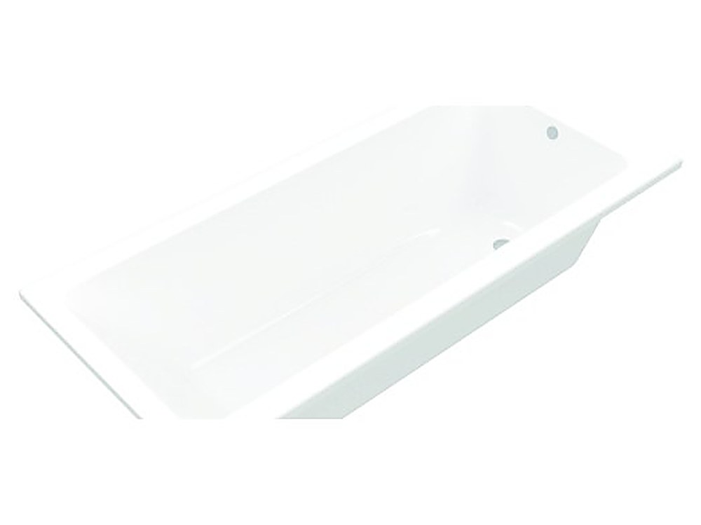 White rectangular inset acrylic bathtub with overflow, installed in a tiled bathroom — studio view on white background