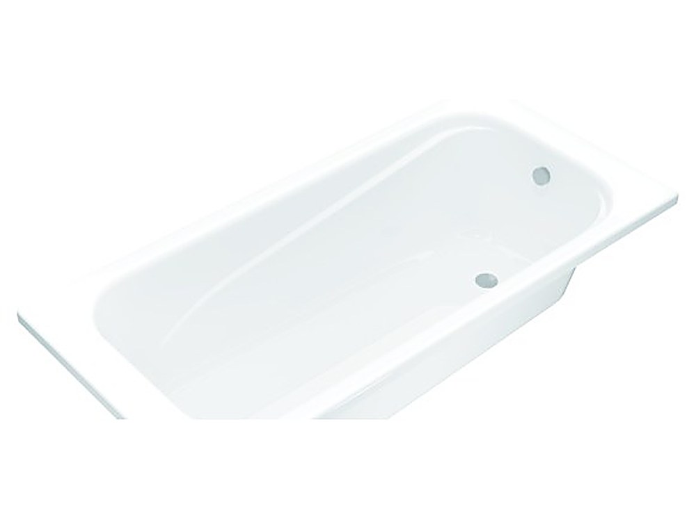 White skirted acrylic bathtub with front apron panel for alcove installation — studio view on white background