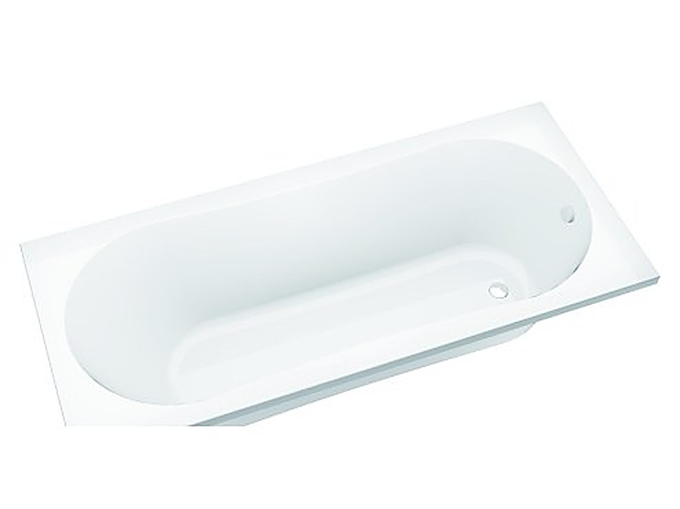 White skirted acrylic bathtub with front apron panel for alcove installation — studio view on white background