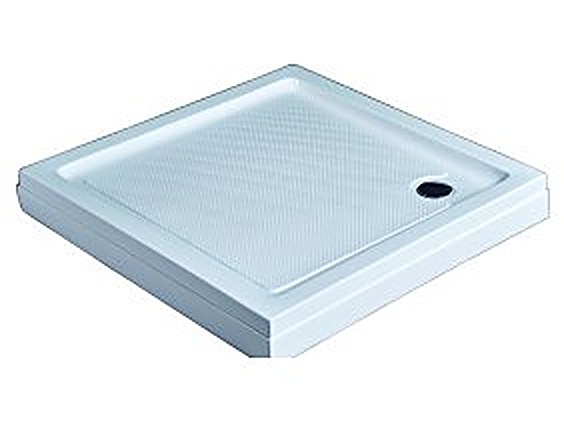 White ABS shower tray with anti-slip surface, rectangular and square models — studio view on white background